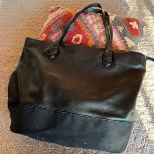 Rebecca Minkoff black leather upper, canvas lower, zippered tote.